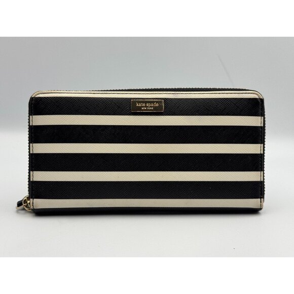 Kate Spade NY Lacey Fairmount Suare Black White Striped Zip Around Wallet Clutch - Picture 1 of 16